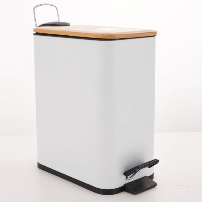 Slanke Pedaalemmer van Staal en Bamboe, 5L, Mat Wit