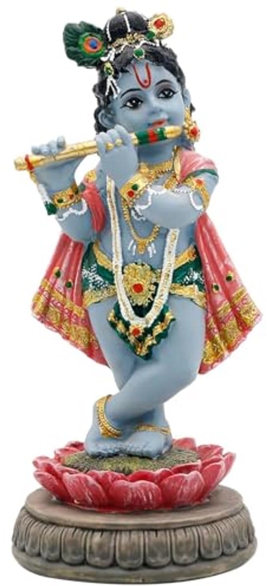 Polyester Hars Handgemaakte Baby Krishna Idol Staande Op Lotus Spelen Fluit (6 inch)