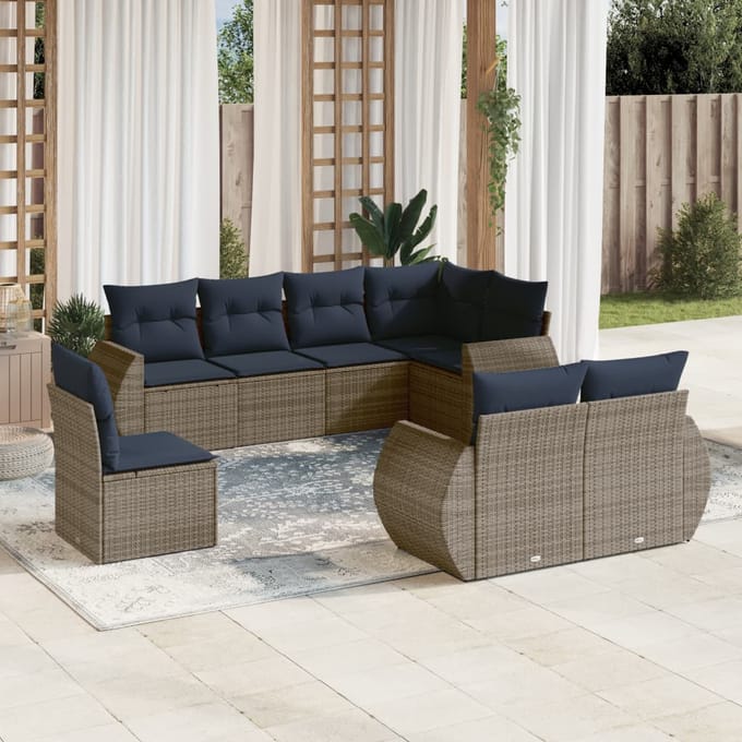 vidaXL - 8-delige - tuinbankset - met - kussens, - grijs - polyrotan