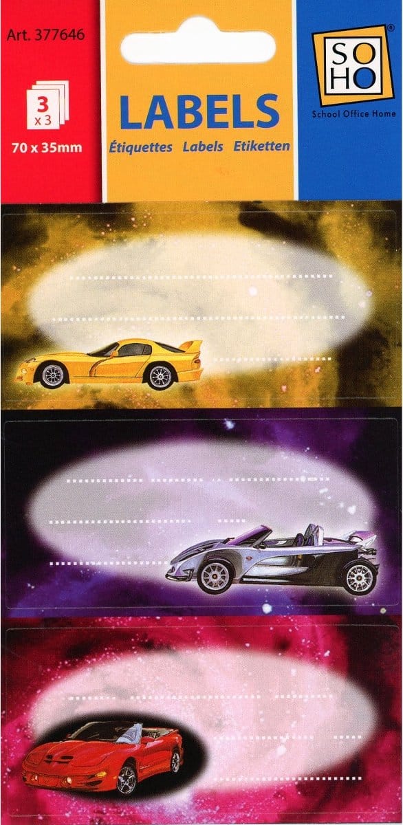 Schooletiketten- Sportauto - Auto's  - 70 x 35mm - 18 stuks