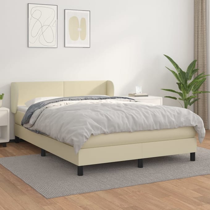 vidaXL - Boxspring - met - matras - kunstleer - crèmekleurig - 140x190 - cm