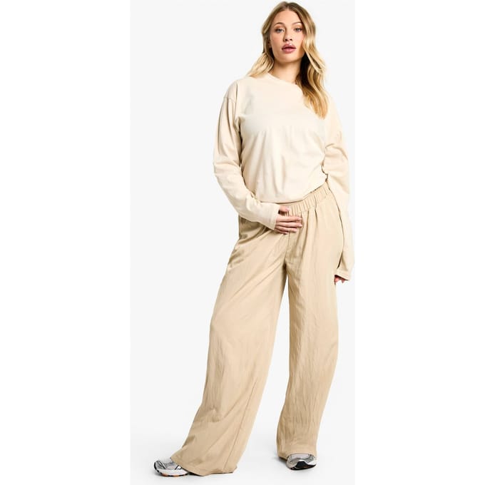 boohoo Dames Zwangerschapsbroek van nylon met elastische, wijde pijpen | Steen | Maat: 46