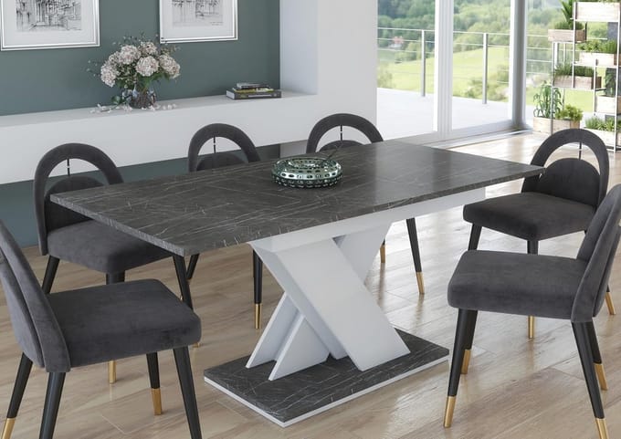Uitschuifbare Eettafel 120 tot 160 cm met Grijs Marmereffect en Moderne V-Poot