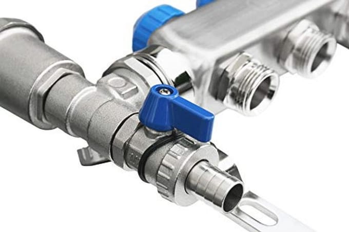 Vloerverwarming verwarming distributeur roestvrij staal met doorstroomindicator en ontluchter voor 7 circuits