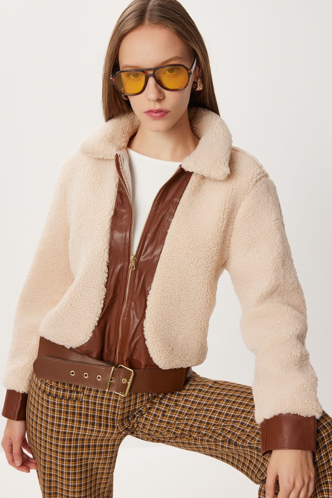 Faux leren gedetailleerde pluche jas