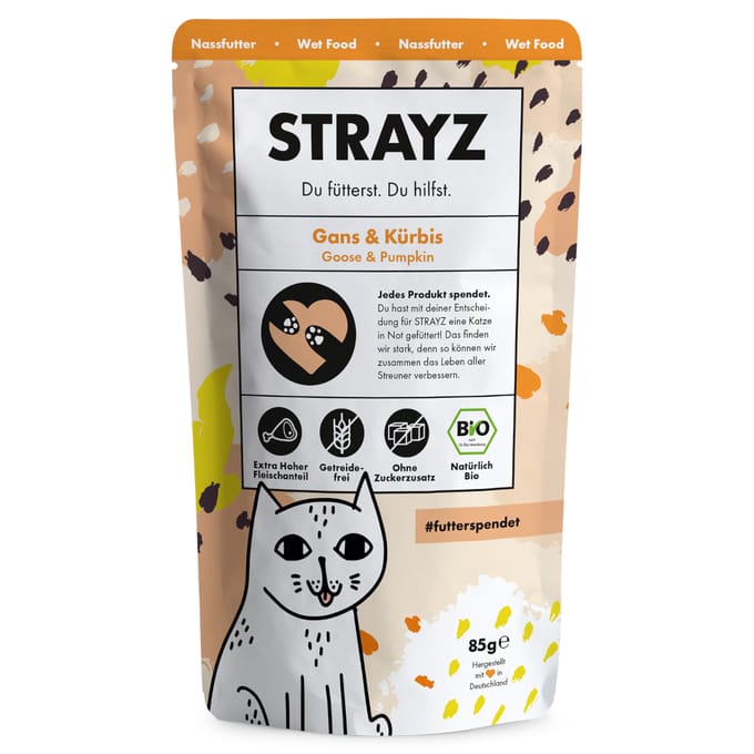 6x 85g STRAYZ Bio Pouch Gans & Pompoen Nat Kattenvoer