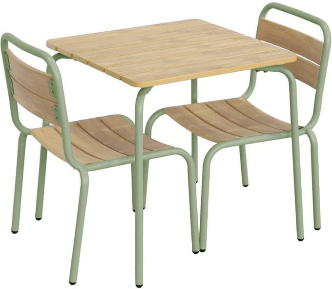 sweeek - Stalen kindertuintafel met houtdecor en 2 stoelen - suzie