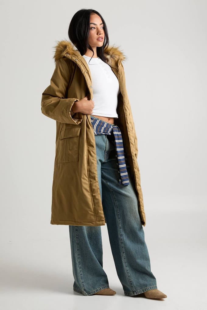 boohoo Dames Bontgevoerde parka met capuchon | Camel | Maat: 8