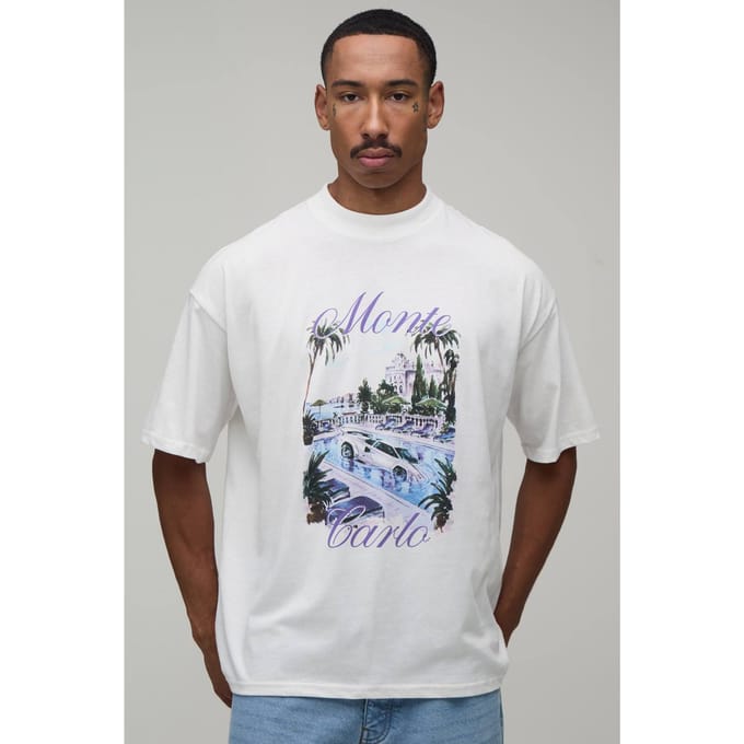 Wit Oversized T-shirt Met Monte Carlo Auto Print | White | Size Large