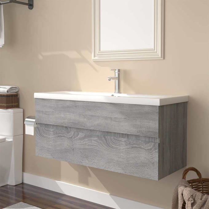 vidaXL - Wastafelkast - met - ingebouwde - wasbak - bewerkt - hout - grijs - sonoma