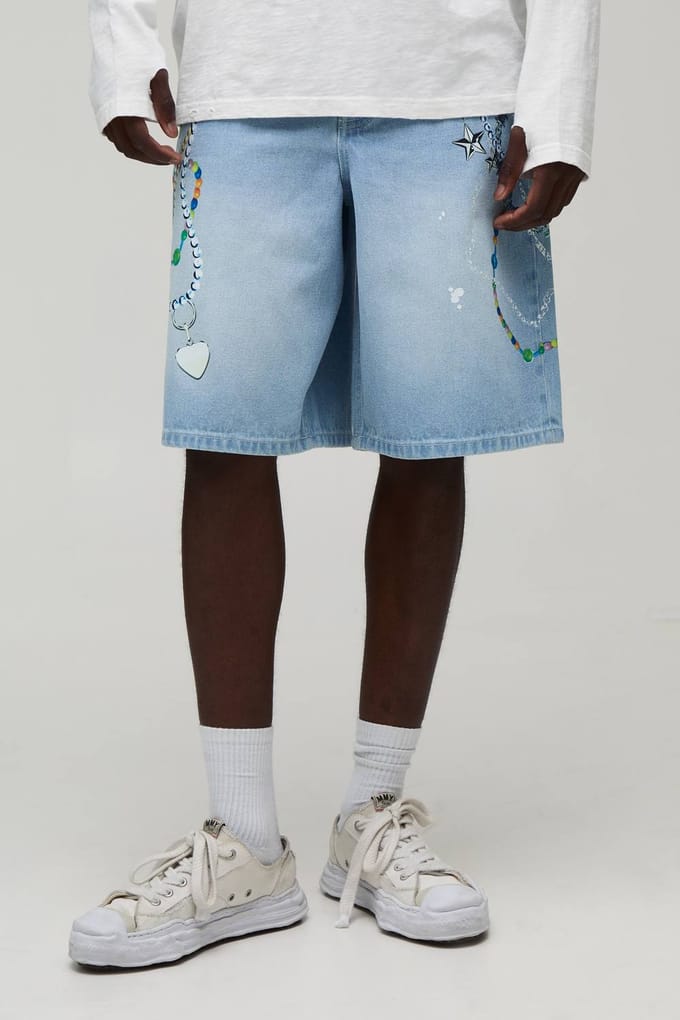 Baggy Denim Shorts Met Verfspetters En Kettingprint Gewassen | Light Blue | Size 32
