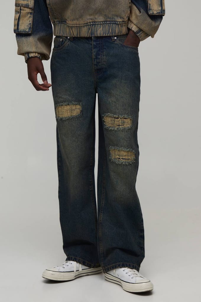 Relaxed Rip & Stitch Repair Jeans | Mid Wash | Size 44S