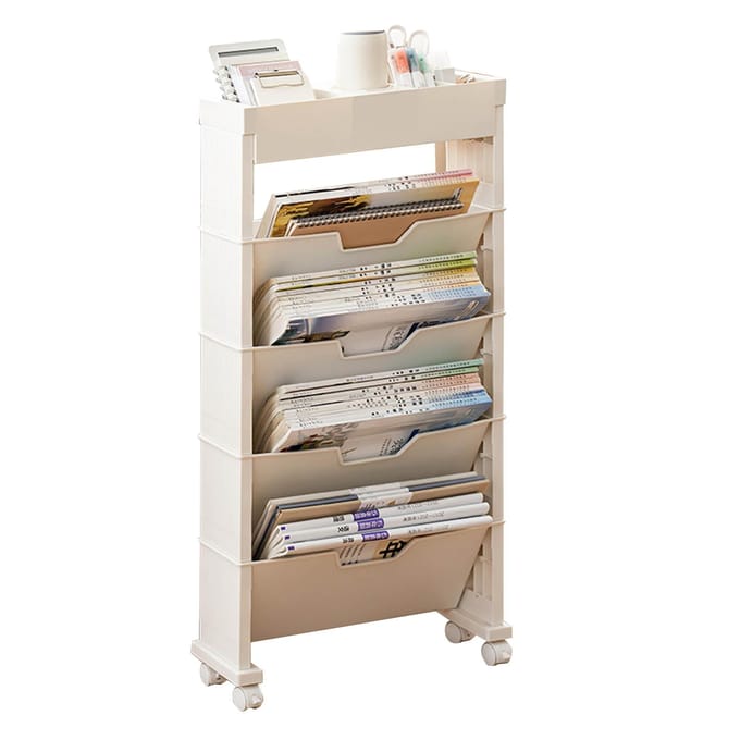 Klassenkamer Boekenkast Meerlaags met Universeel Wiel Boekopslag Planken voor Woonkamer beige