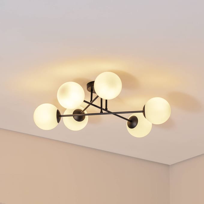 Euluna - plafondlamp - 6lichts - Staal, glas - H: 26 cm - E14 - zwart, wit opaal