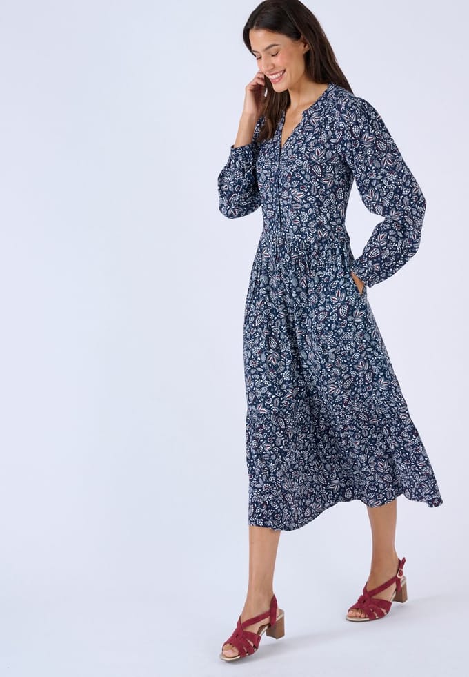 Damart - Lange jurk zuivere viscose reliëf - Dames - Blauw - 50