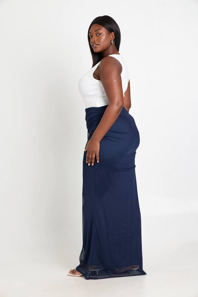 boohoo Dames Plus Mesh Draperie Maxi Rok | Navy | Maat: 18