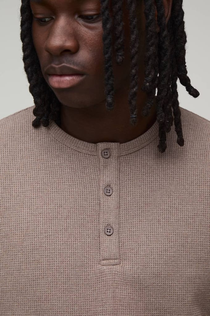 Regular Fit Waffle Henley T-Shirt | Taupe | Size Medium