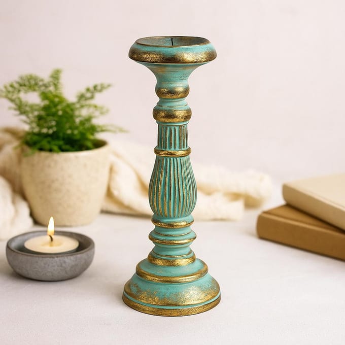Vintage Kandelaar - Turquoise & Goud - Kaars Houder - 30cm Hoog