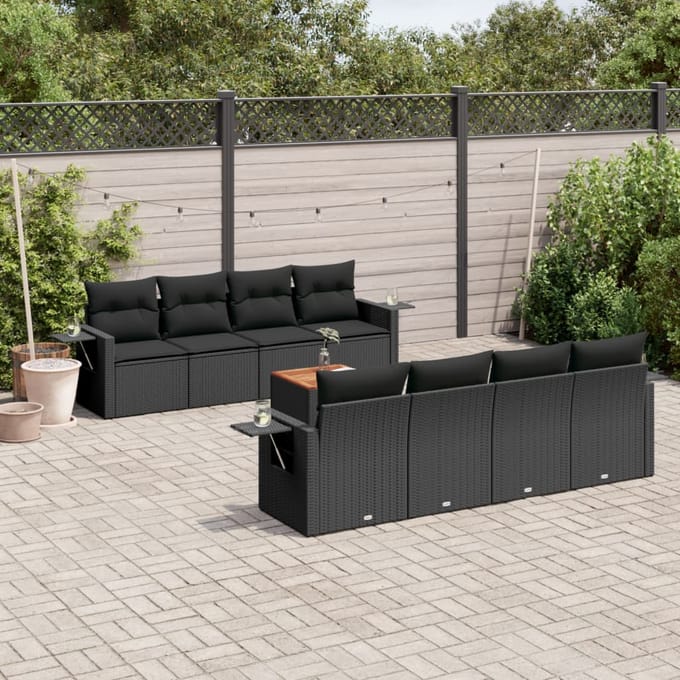 vidaXL - 9-delige - Loungeset - met - kussens - poly - rattan - zwart