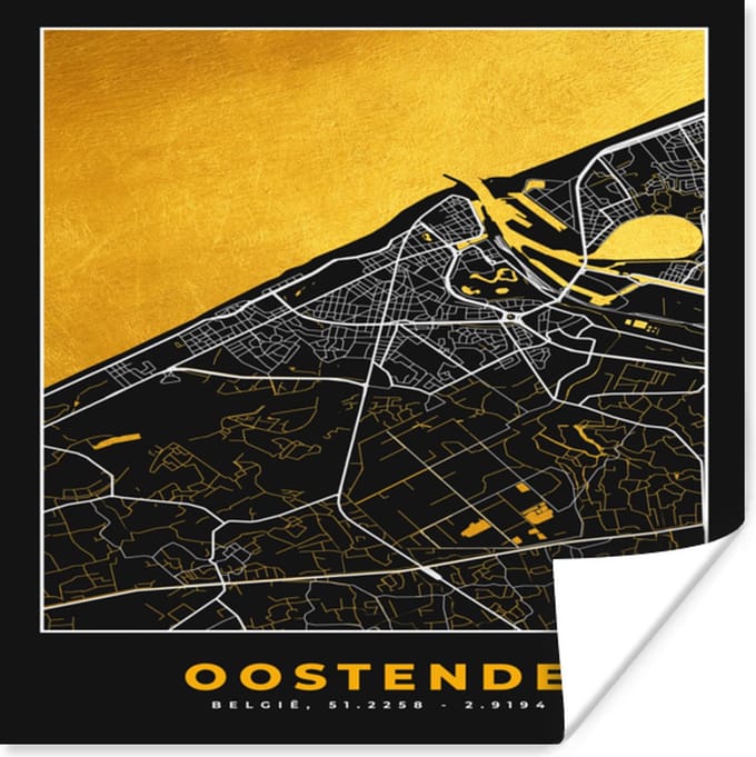 Poster Stadskaart - Oostende - Plattegrond - Goud - Kaart - 75x75 cm