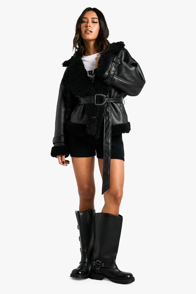 boohoo Dames Luxe Teddy Trim Met Ceintuur Pilotenjas | Zwart | Maat: 42