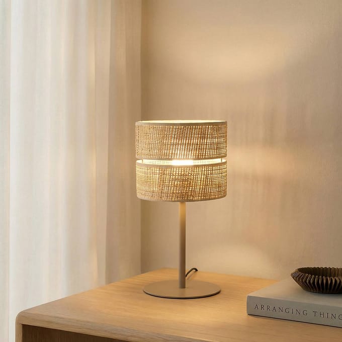 TK Lighting Tafellamp Calma, beige, raffia, hoogte 38 cm, E27