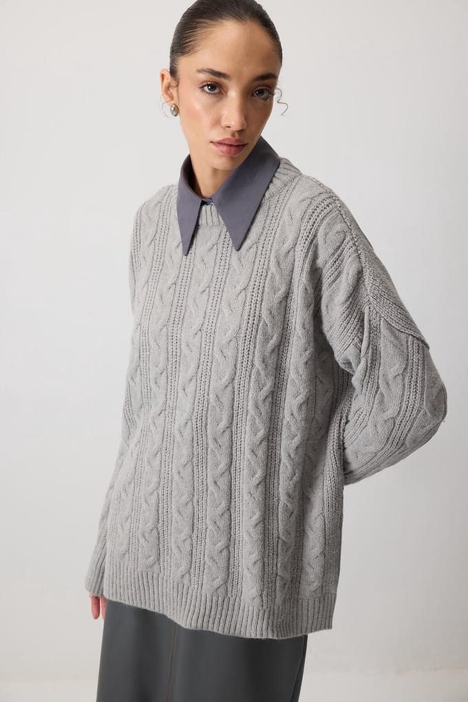 Touché Privé - Oversized trui met gebreide details - Grijs - Dames