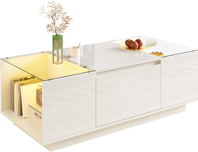 Salontafel 105 cm - LED-verlichting en Opbergruimte - Glasblad met 2 Laden - Hout Glas - Wit