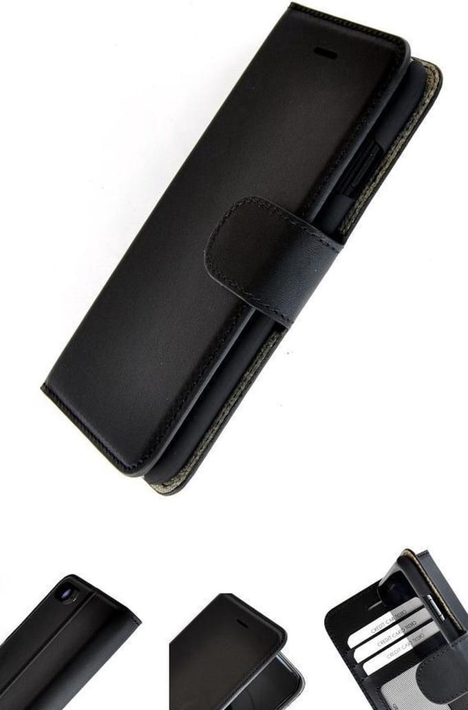 Echt Leder Zwart Wallet Bookcase Pearlycase Hoesje Geschikt voor Apple iPhone SE 2022/ 7 / iPhone 8/ 6/ 6s