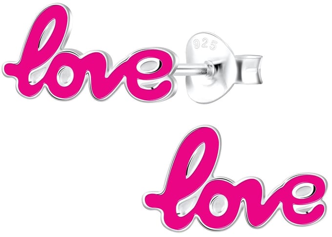 Joy|S - Zilveren LOVE oorbellen - roze - 12 x 7 mm