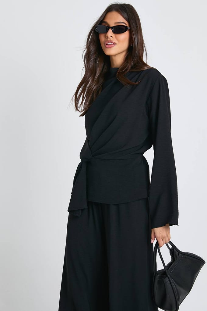 boohoo Dames Geweven draperende lange mouw blouse & broek co-ord | Black | Maat: 8