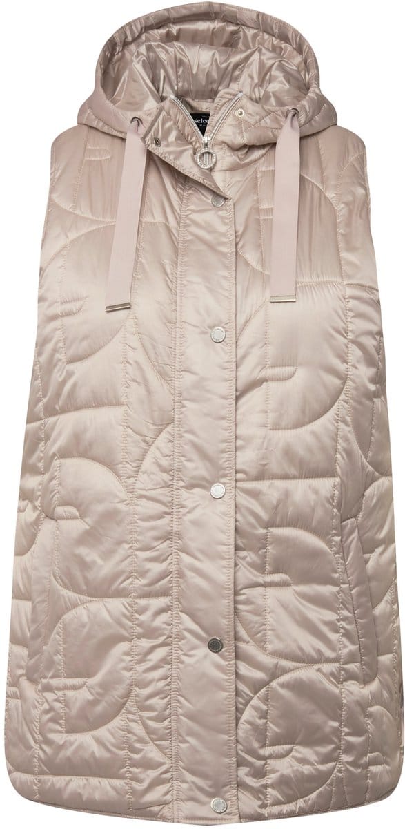 Ulla Popken - Dames - Doorgestikte bodywarmer A-lijn drukknopen opzij capuchon - Cement - Maat 42+