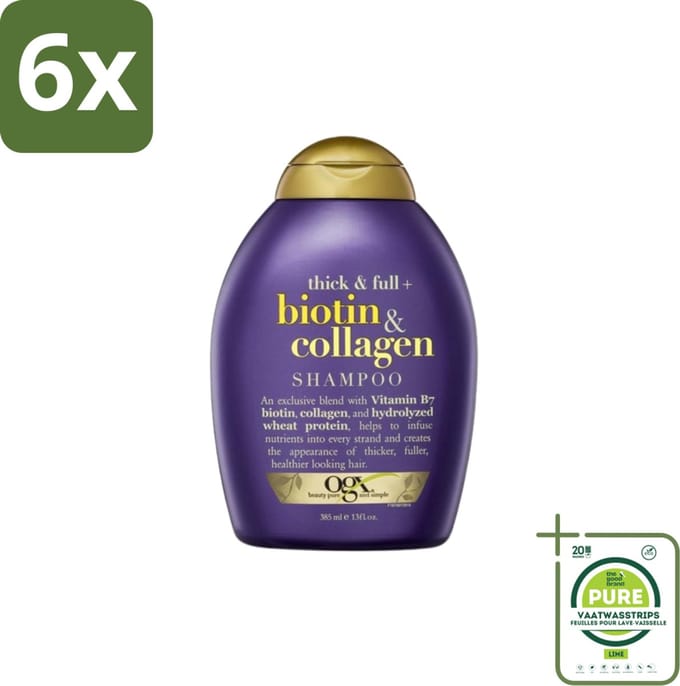 OGX – Shampoo – Biotin & Collagen – 385 ml - Voordeelverpakking - 6 stuks - Haar volume - Haargroei