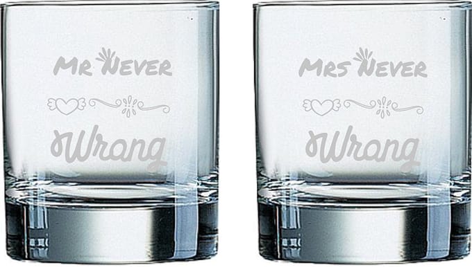 Gegraveerde set Whiskeyglazen 20cl Mr. Never wrong - Mrs. Never wrong