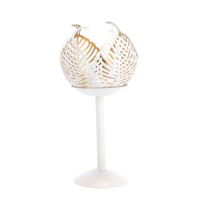 Theelichthouder op voet Leaf Lina - crème/goud - metaal - 10x10x21cm.