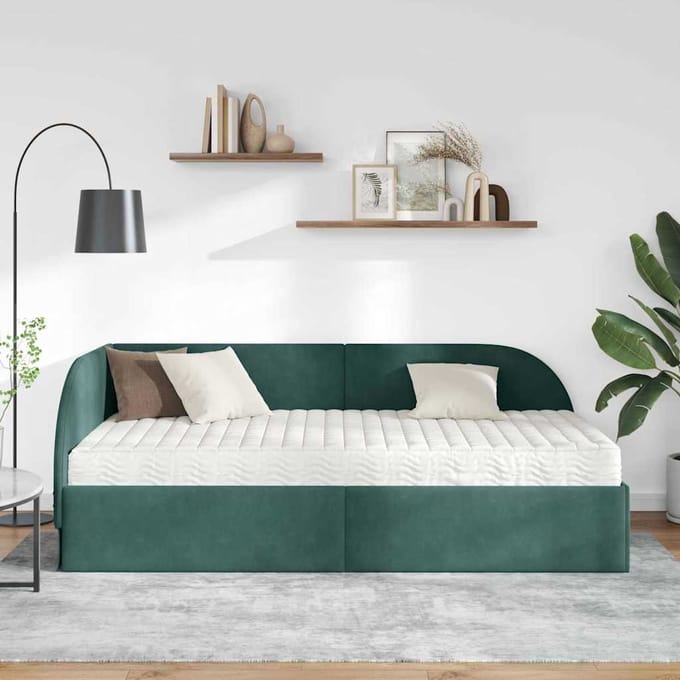 vidaXL - Hoekbedframe - met - Matras - 2 - st - Donkergroen - 90 - x - 190 - cm - Fluweel
