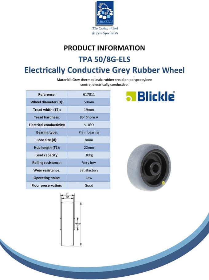 Wiel van 50 mm met grijs, elektrisch geleidend thermoplastisch rubber op een polypropyleen basis