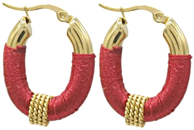 Oorbellen met Koord - Oorringen - RVS - 3 cm - Goudkleurig en Rood