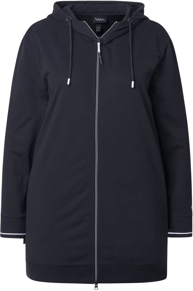 Ulla Popken - Dames - Sweatvest sierpaspel oversized capuchon 2-wegrits - Zwart - Maat 42+