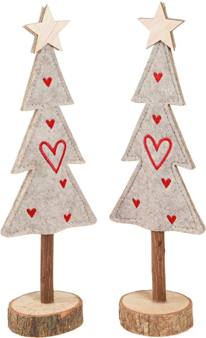 Kerstboom van viltdecoratie met hartjes grijs rood 28cm 4 st, 4 Stück