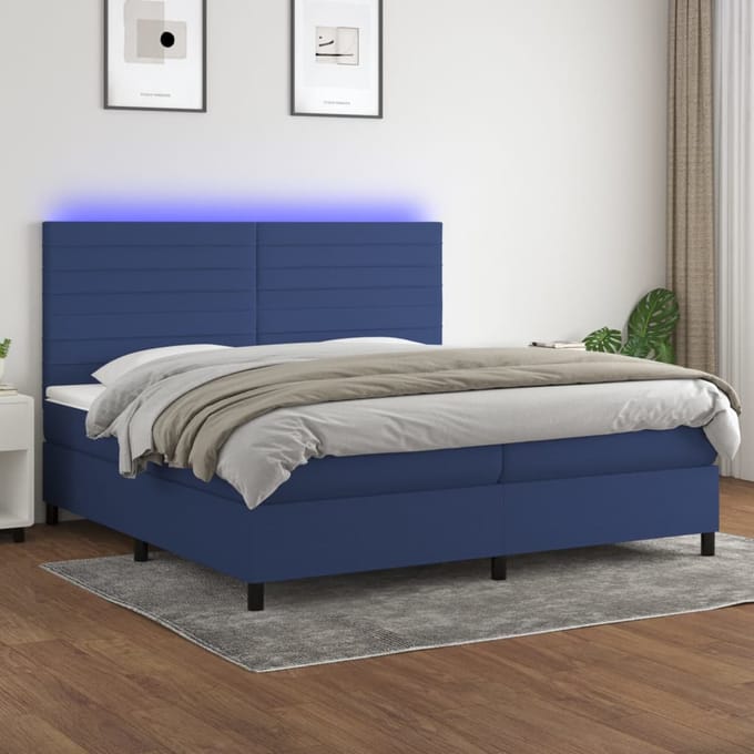 vidaXL - Boxspring - met - matras - en - LED - stof - blauw - 200x200 - cm
