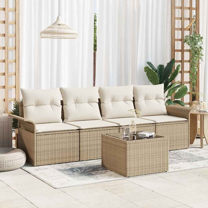 vidaXL - Tuinbank - Set - 5 - st - Beige - en - Crème - poly - rattan