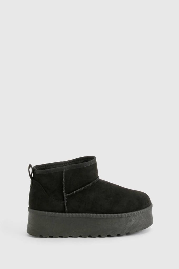 boohoo Dames Platform Laarzen met Nepbontvoering | Black | Maat: 7