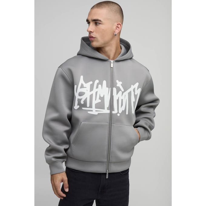 Oversized Boxy BHM Graffiti Bonded Scuba Printed Zip Through Hoodie | Charcoal | Size Small