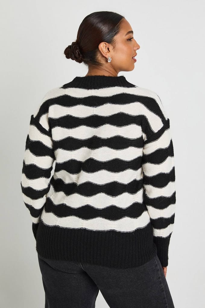 boohoo Dames V-hals gestreepte oversized gebreide trui | Black | Maat: 20