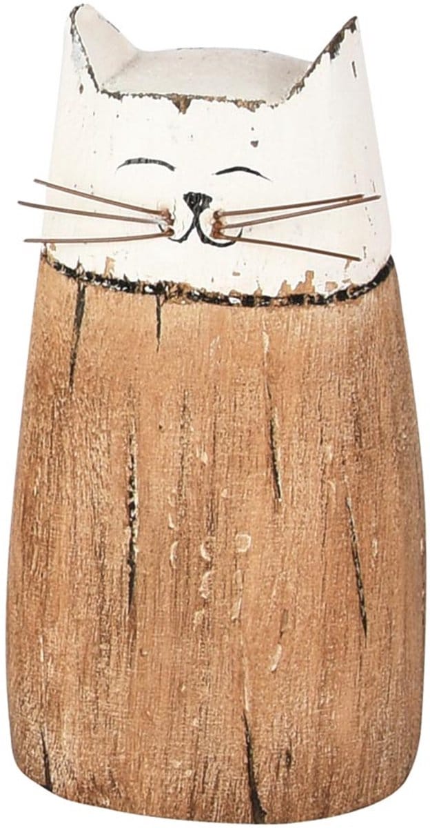 Dekoratief | Deco poes, wit/naturel, hout, 8x6x13cm | A255563