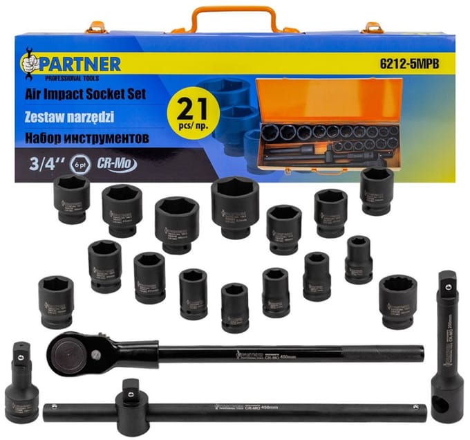 Partner PA-6212-5MPB - Dopsleutelset - 3/4'' - 21 delig - Met Koffer