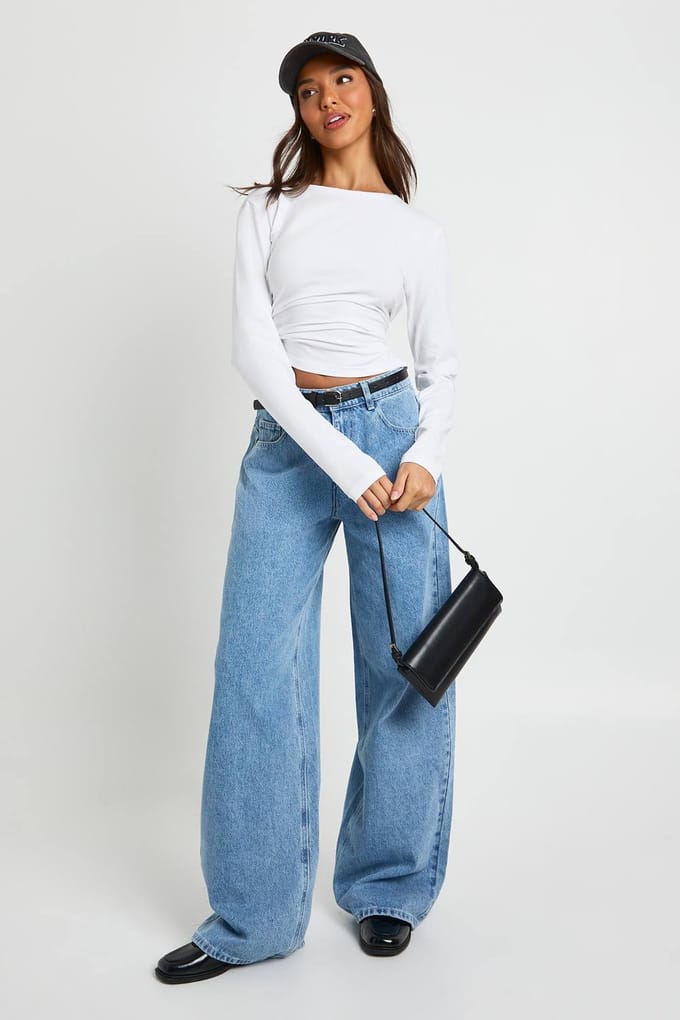 boohoo Dames Top met lange mouwen, aansluitend en lang gesneden | Wit | Maat: 38