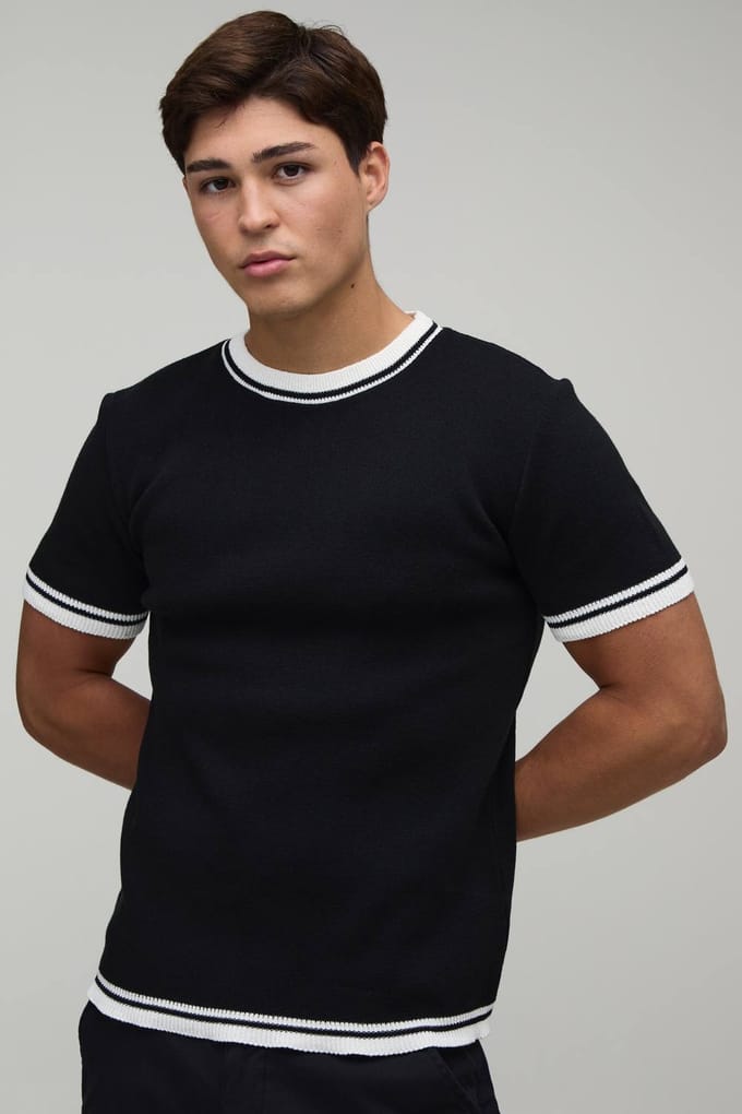 Muscle Fit Gebreid T-shirt Van Katoenmix Met Getipte Details | Black | Size Medium