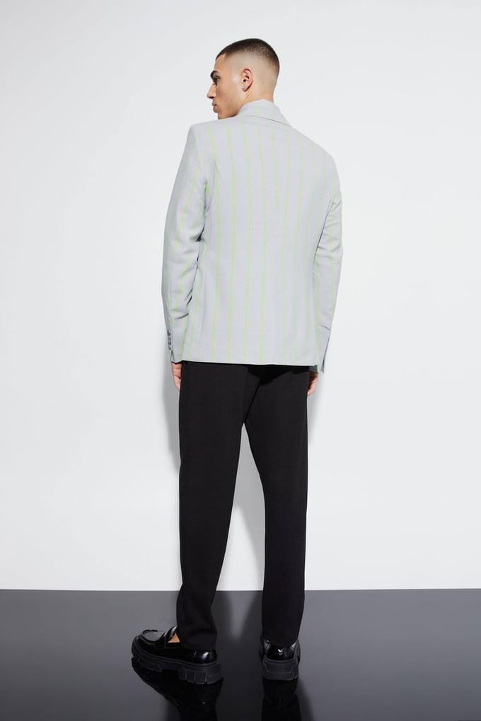 Slim Single Breasted Wide Stripe Suit Jacket | Light Grey | Size 48